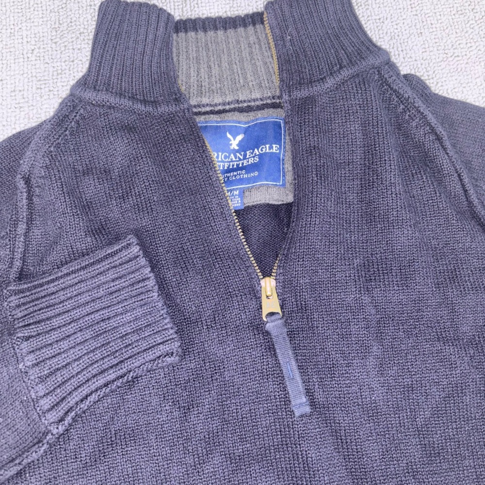 American Eagle Quarter Zip Sweater Mens Medium Navy Blue Long Sleeve Cotton Logo